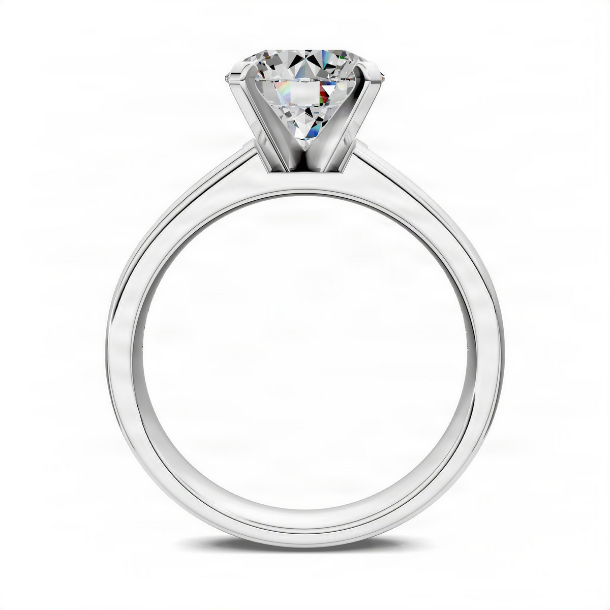 Platinum-toned round-cut center stone baguette channel ring, front view
