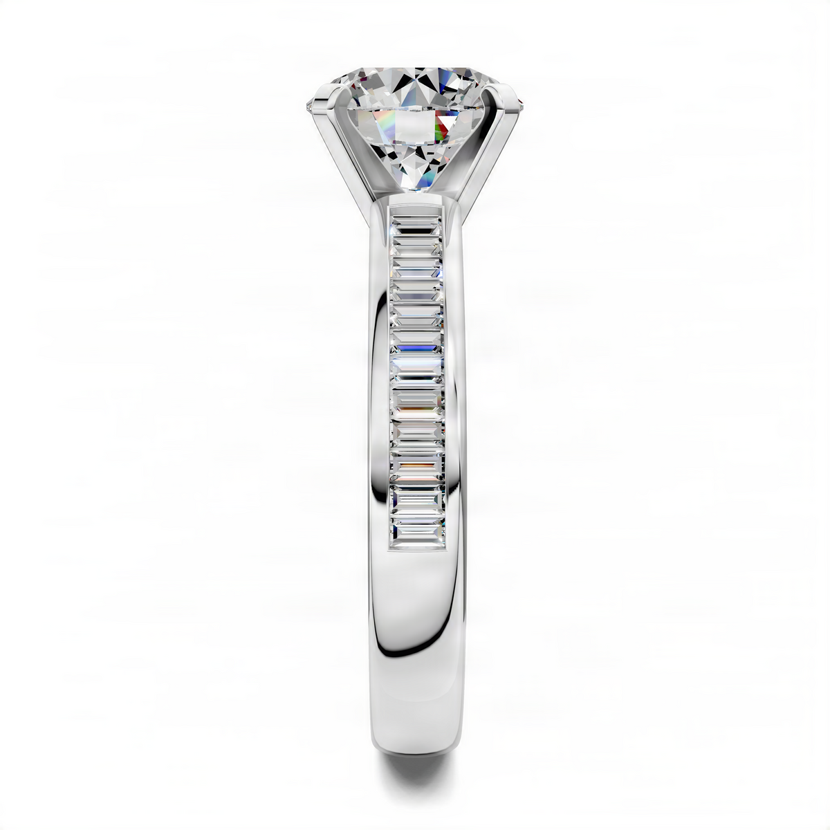 Platinum-toned round-cut center stone baguette channel ring with prong setting