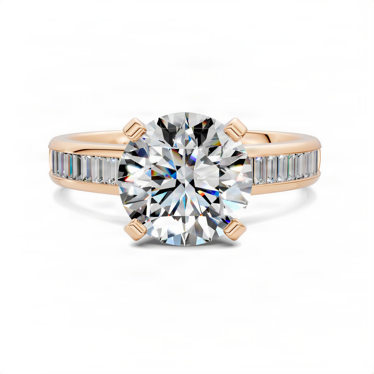 Rose gold round diamond center ring with channel-set baguette stones