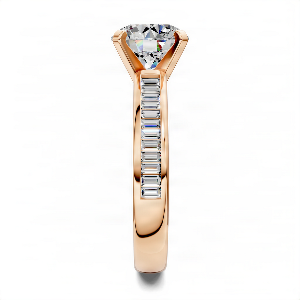 Rose gold baguette channel band round center stone ring, angled side view