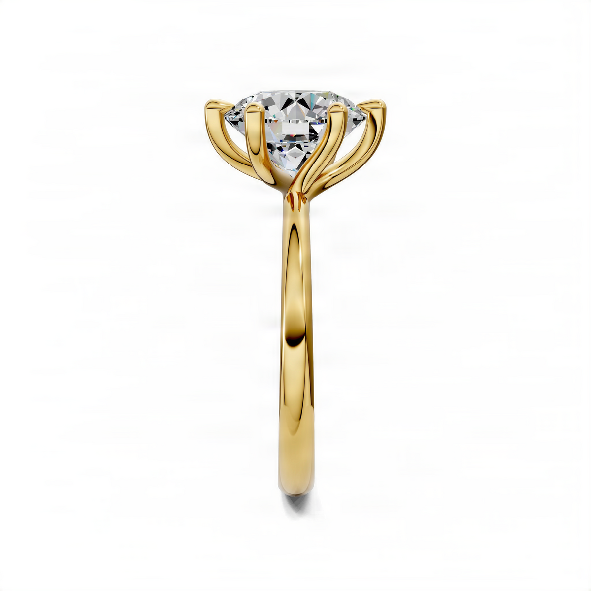 Yellow gold round 6-prong engagement ring with clear center stone, front view