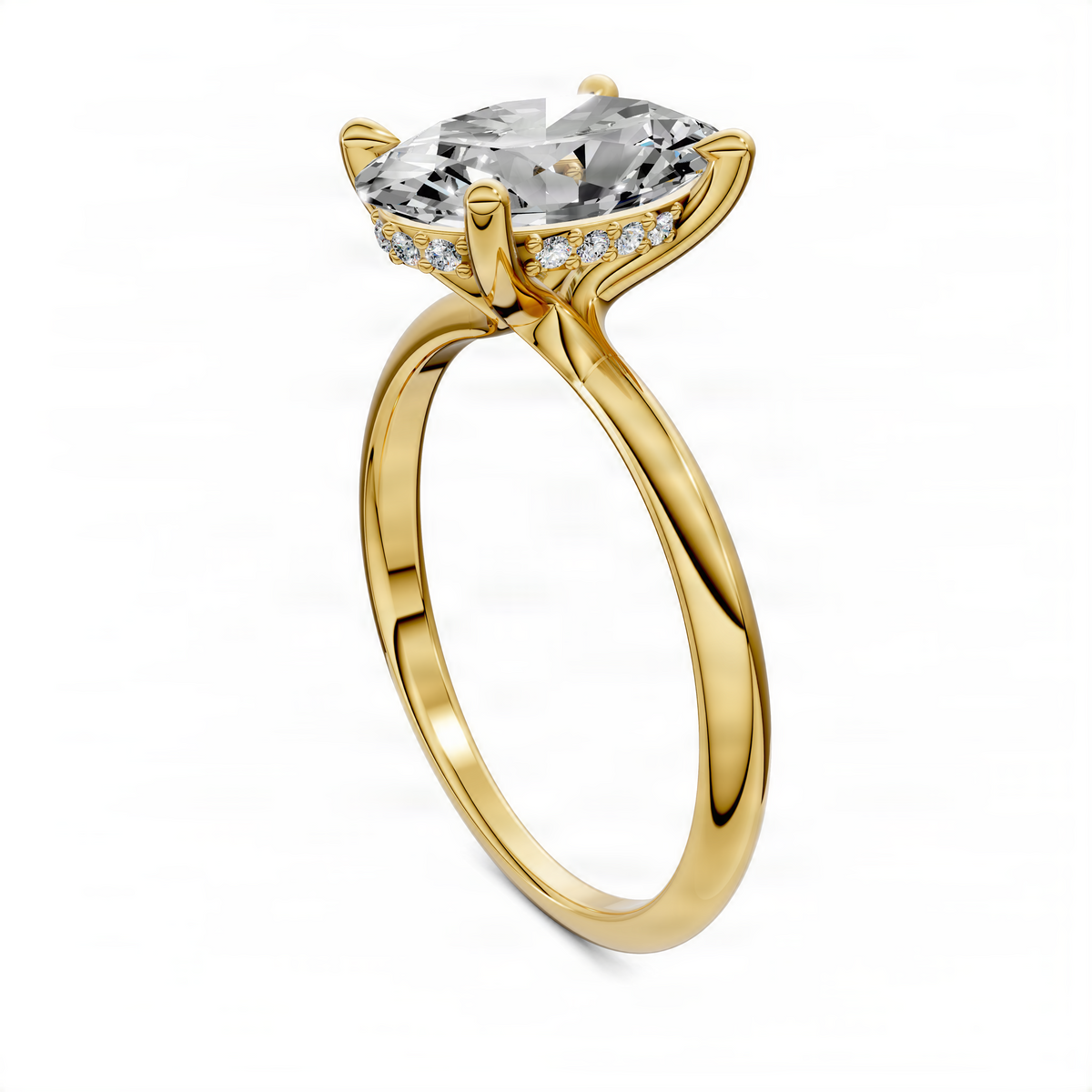 Oval diamond ring with hidden halo setting in yellow gold