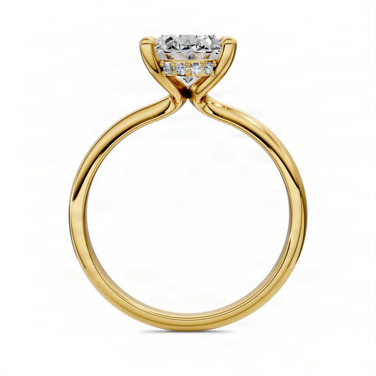 Yellow gold oval center stone ring with prong-set hidden halo