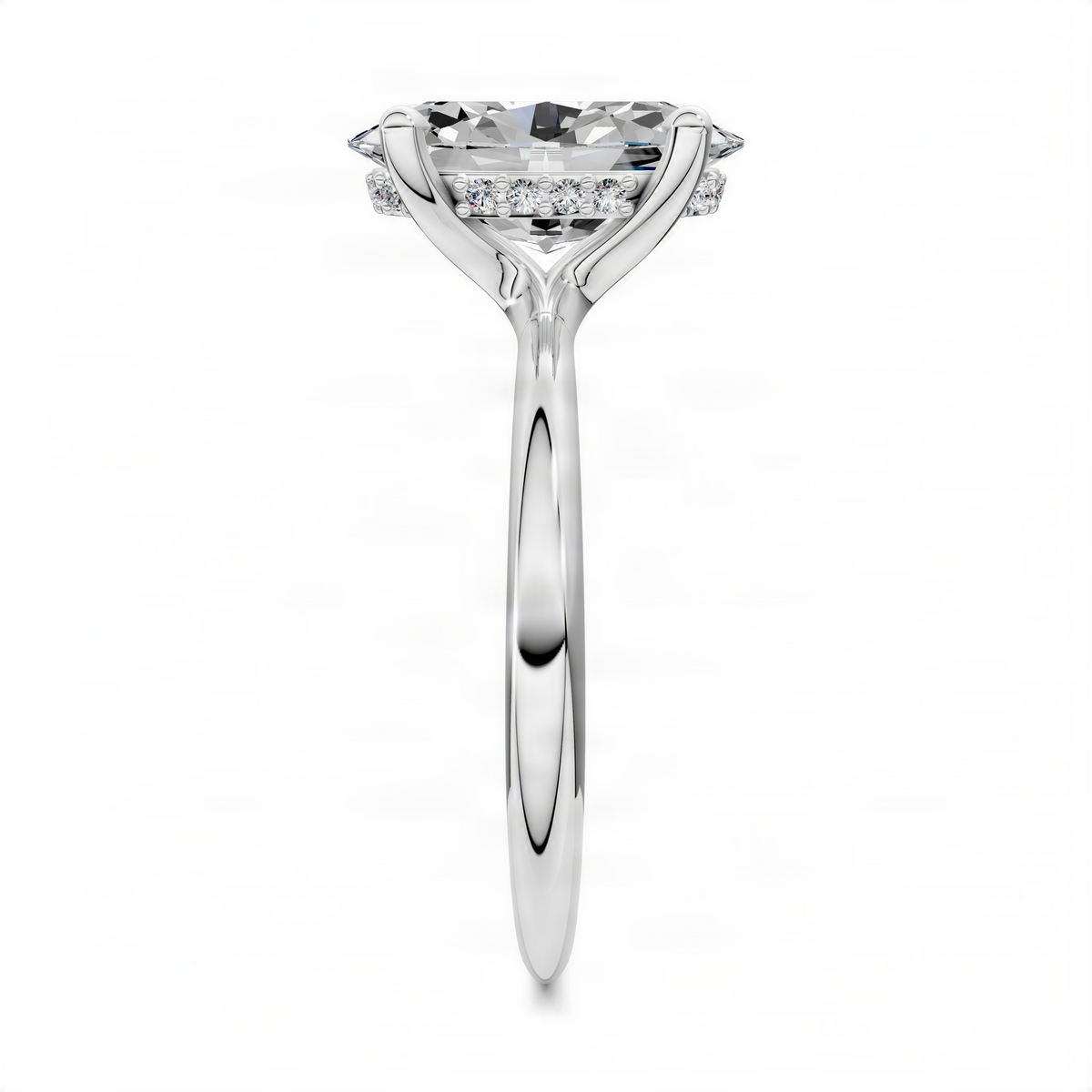 Platinum oval center stone ring with prong-set hidden halo