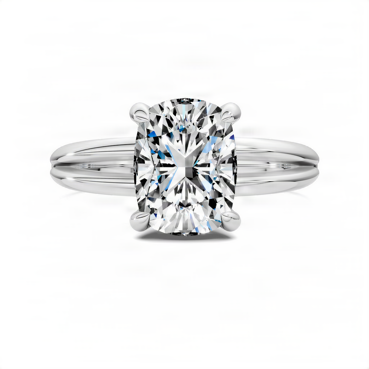 White gold floating split-band ring with cushion-cut diamond center