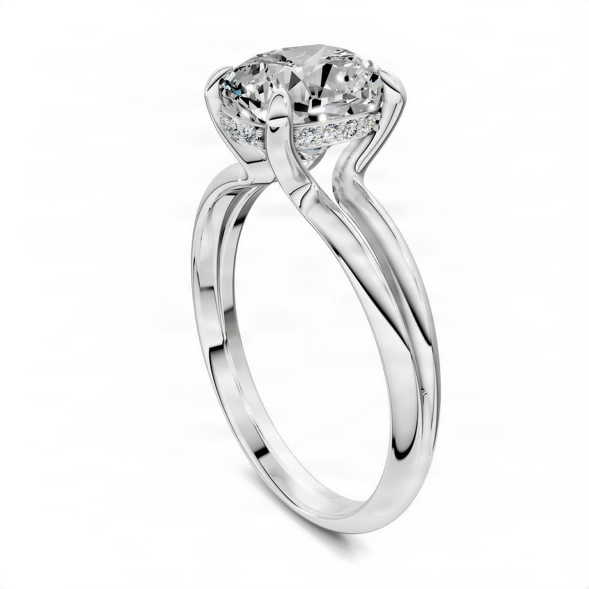 Floating split band ring with round clear center stone in white gold
