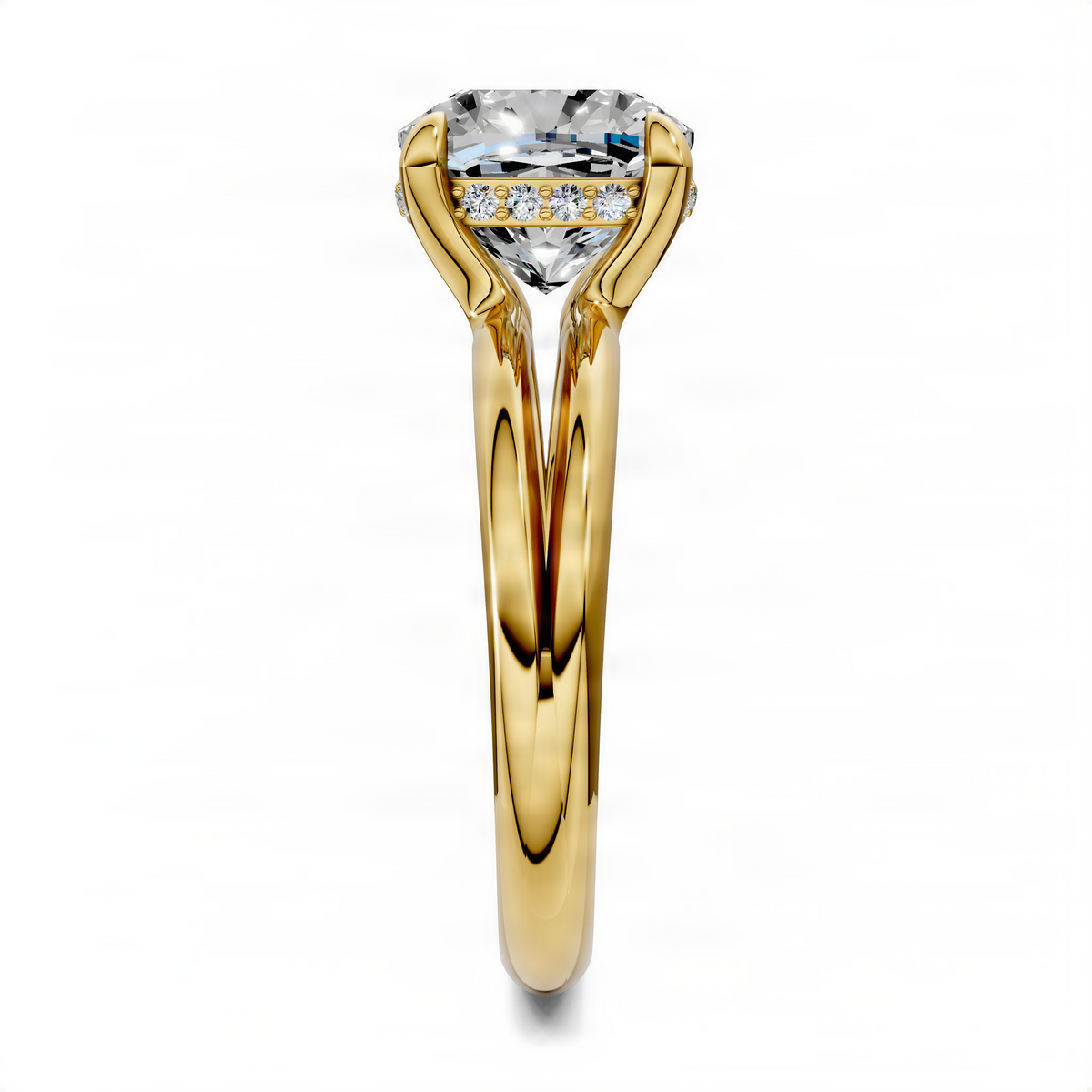 Split band gold ring with cushion-cut clear center stone and pavé accent row