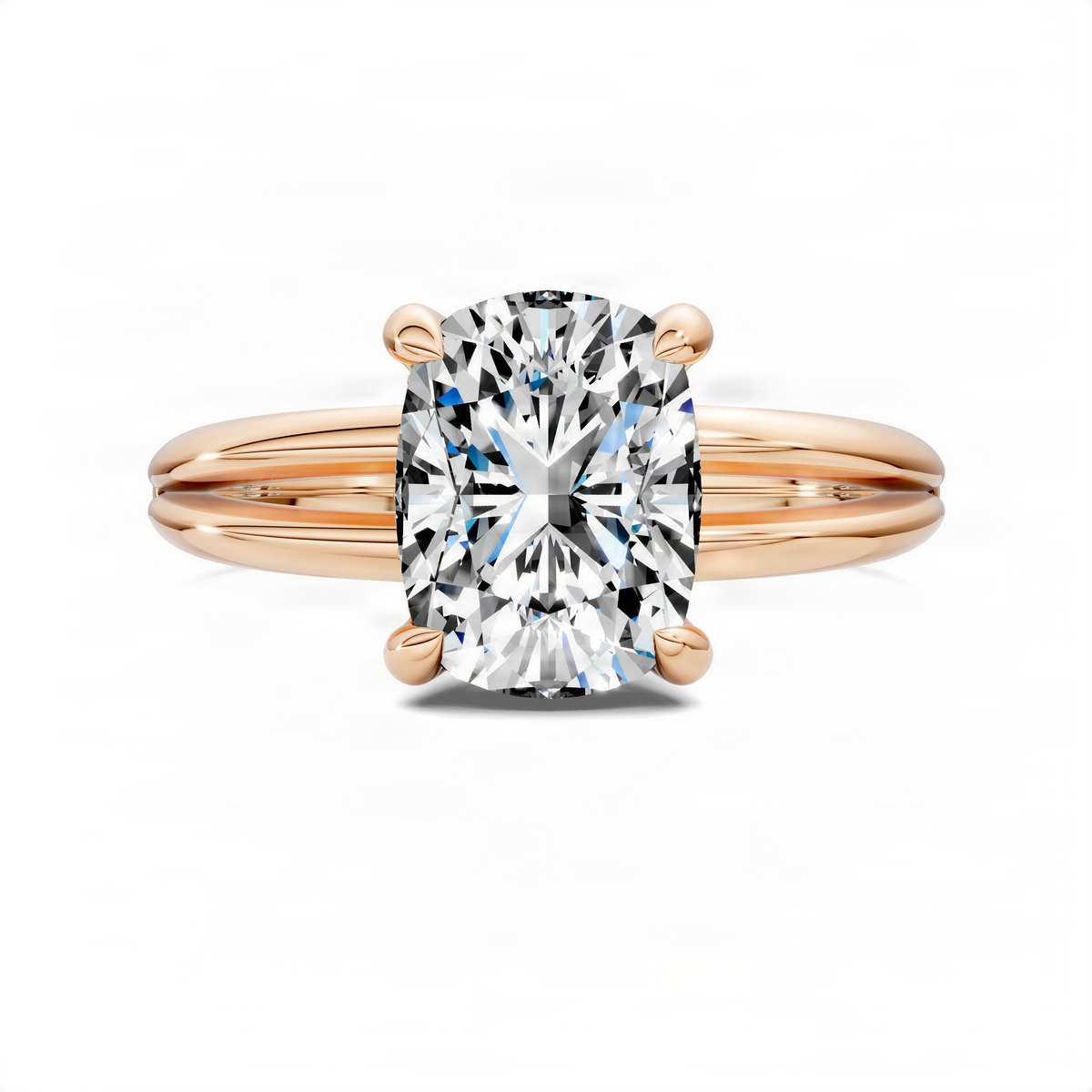 Rose gold floating split band ring with a square-cut diamond-like center stone
