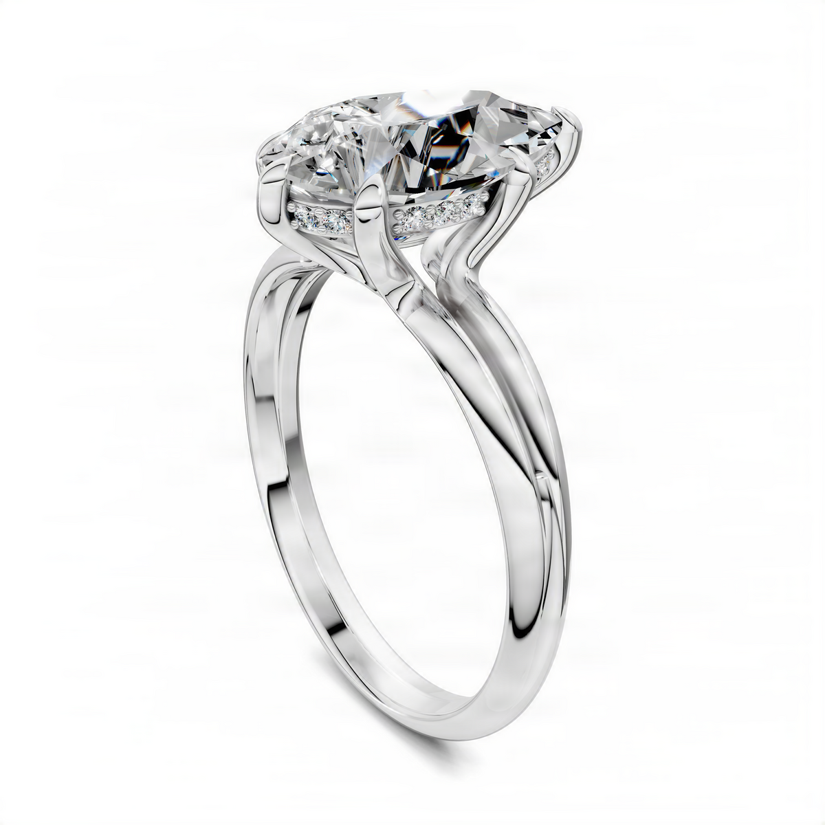 White gold diamond ring, side view of split band with channel-set accents