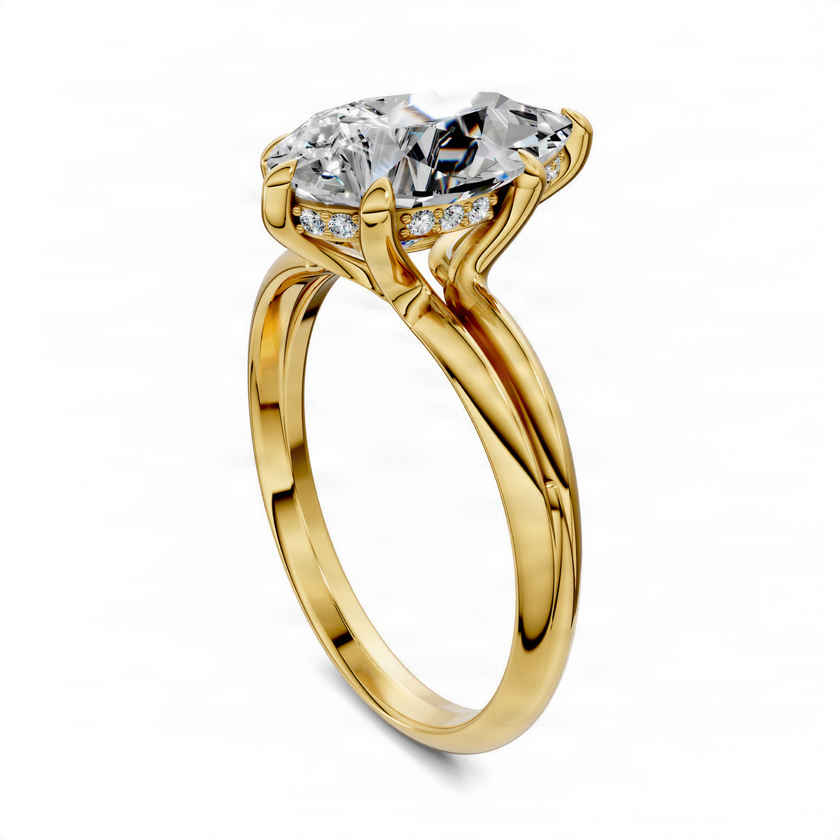 Yellow gold diamond ring with oval center stone and two side sparkle accents