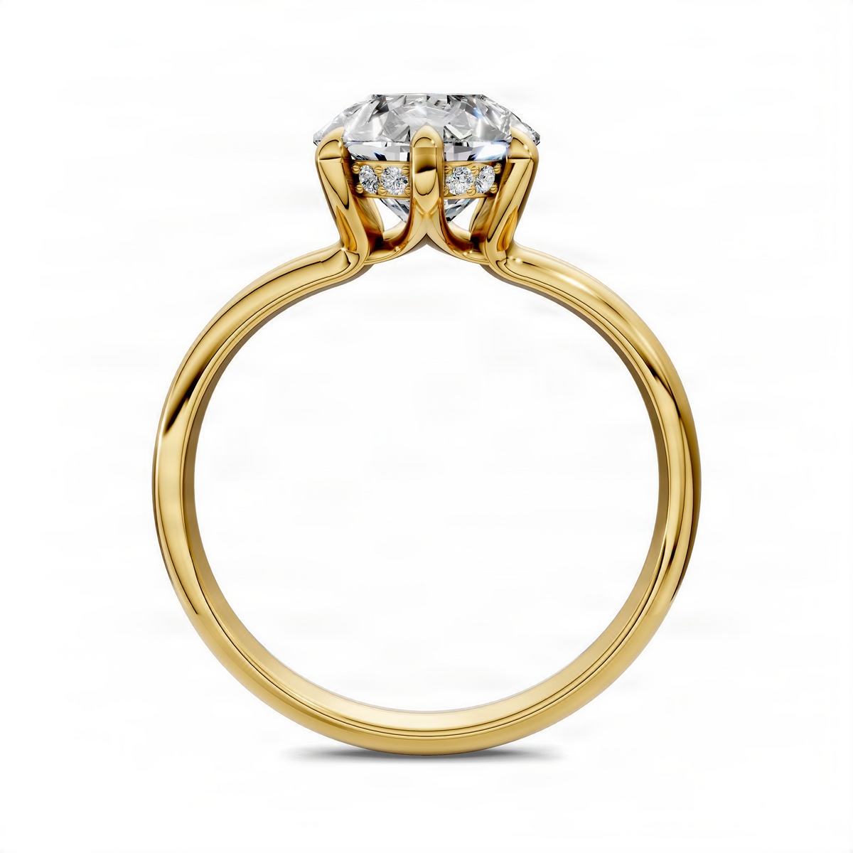 Yellow gold diamond ring with oval center stone and cluster prong setting