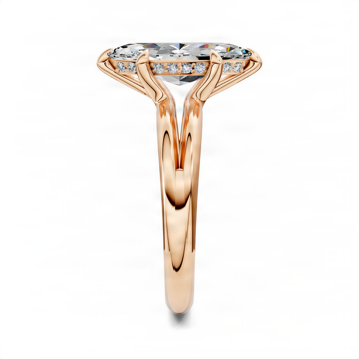 Floating split band ring with marquise center stone and pavé accents