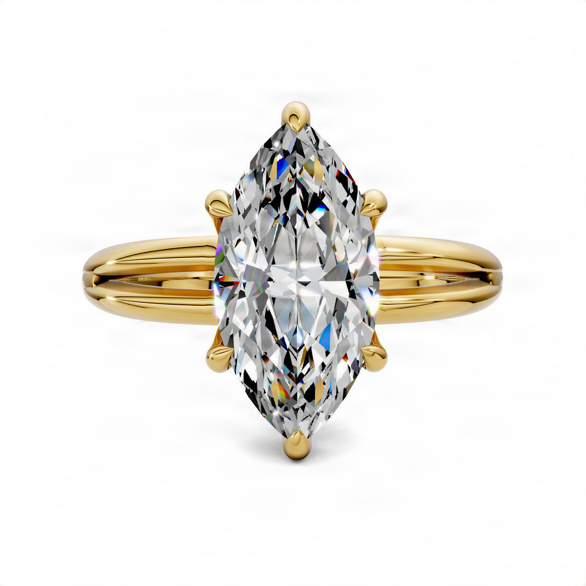 Yellow gold oval marquise diamond solitaire ring with claw-set center
