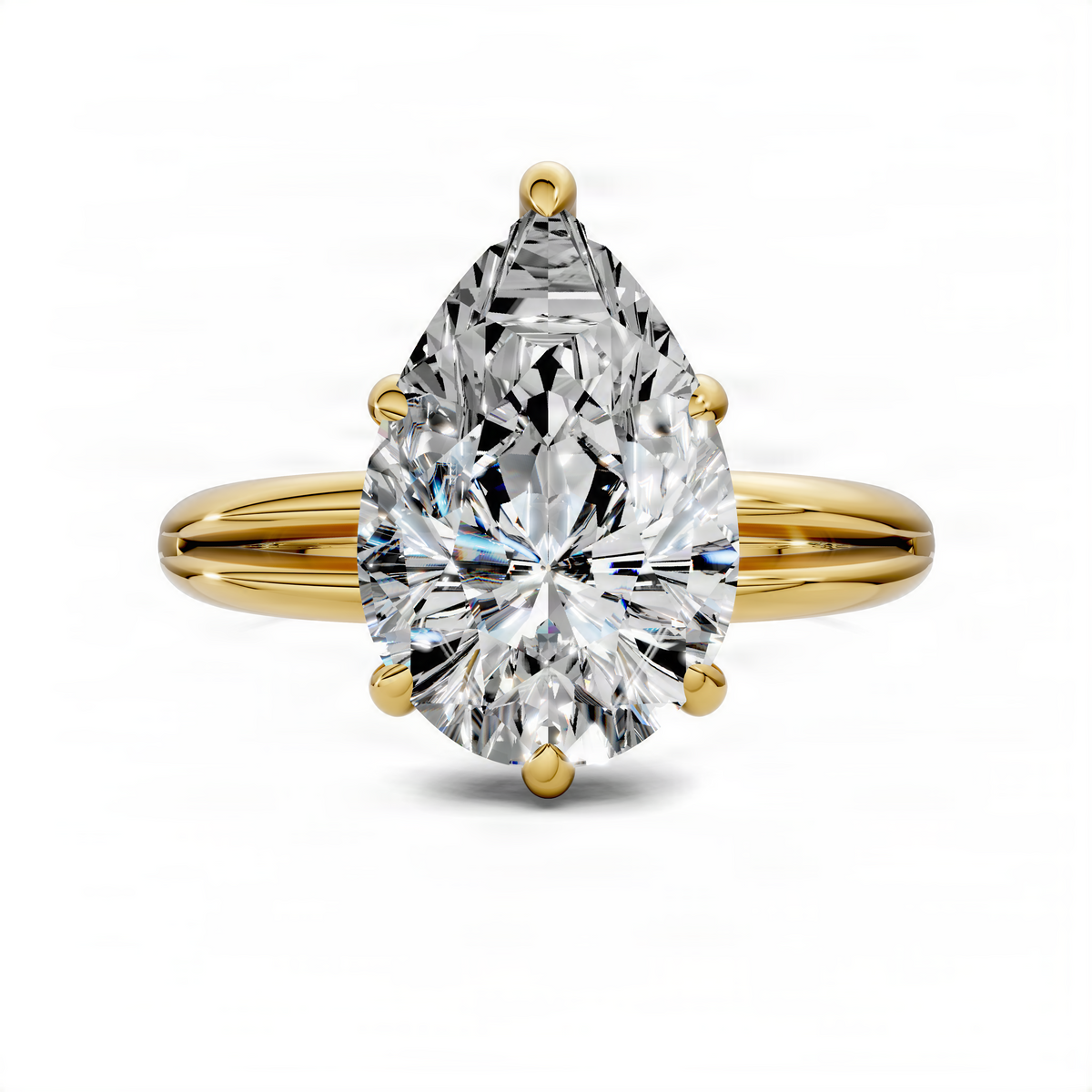 Yellow gold split band pear diamond ring with faceted pear center stone
