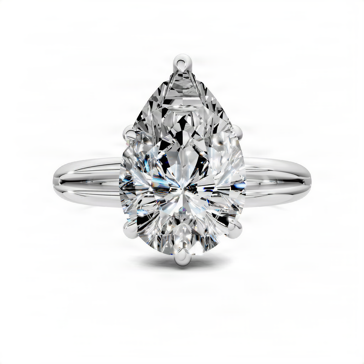 White gold split band pear diamond ring with faceted pear center stone
