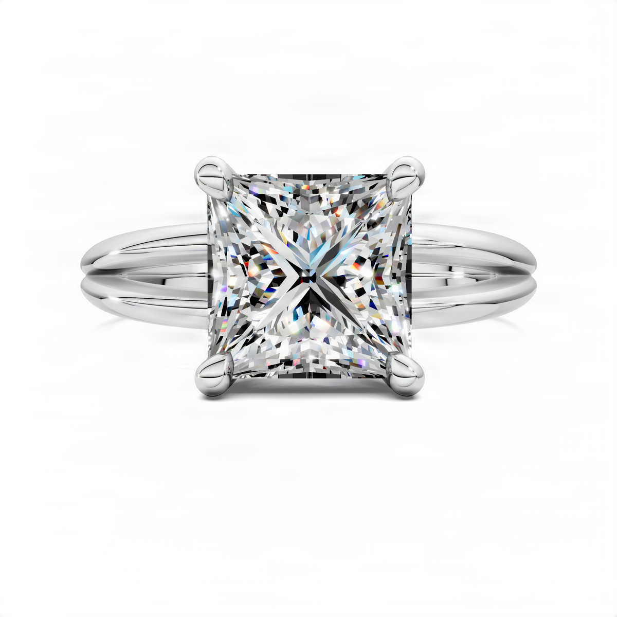 White gold princess-cut floating split band ring with large square center diamond
