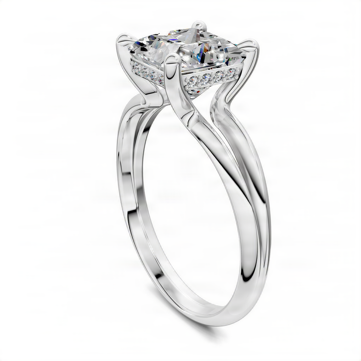 Princess-cut solitaire ring with split band in white metal