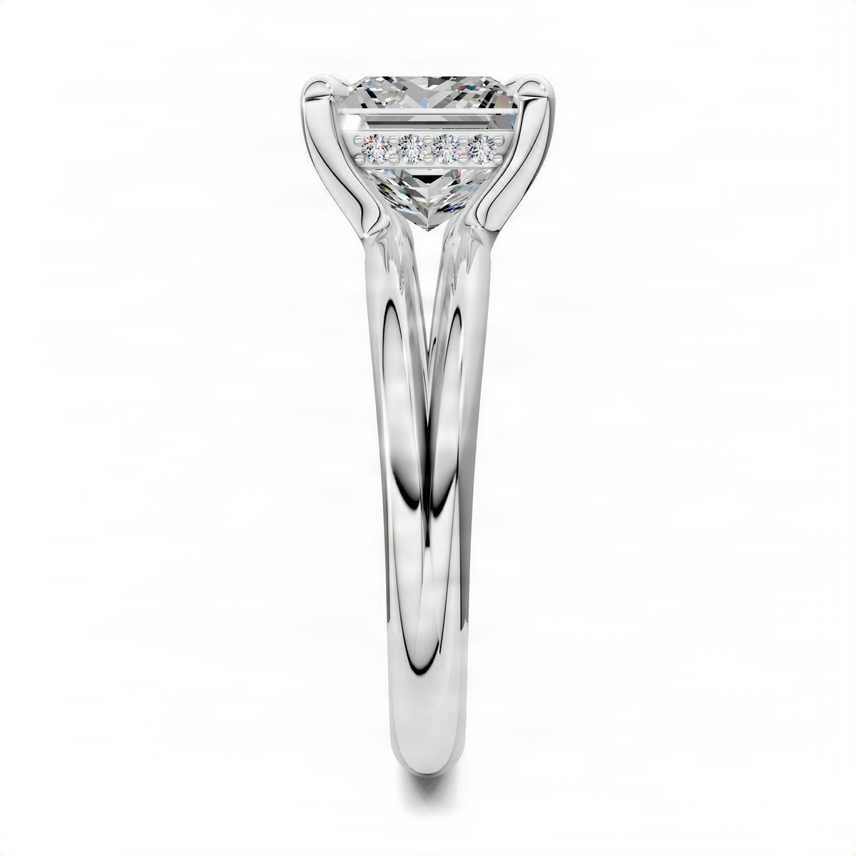 Opes Princess floating split band ring with princess-cut center stone and pavé accent stones
