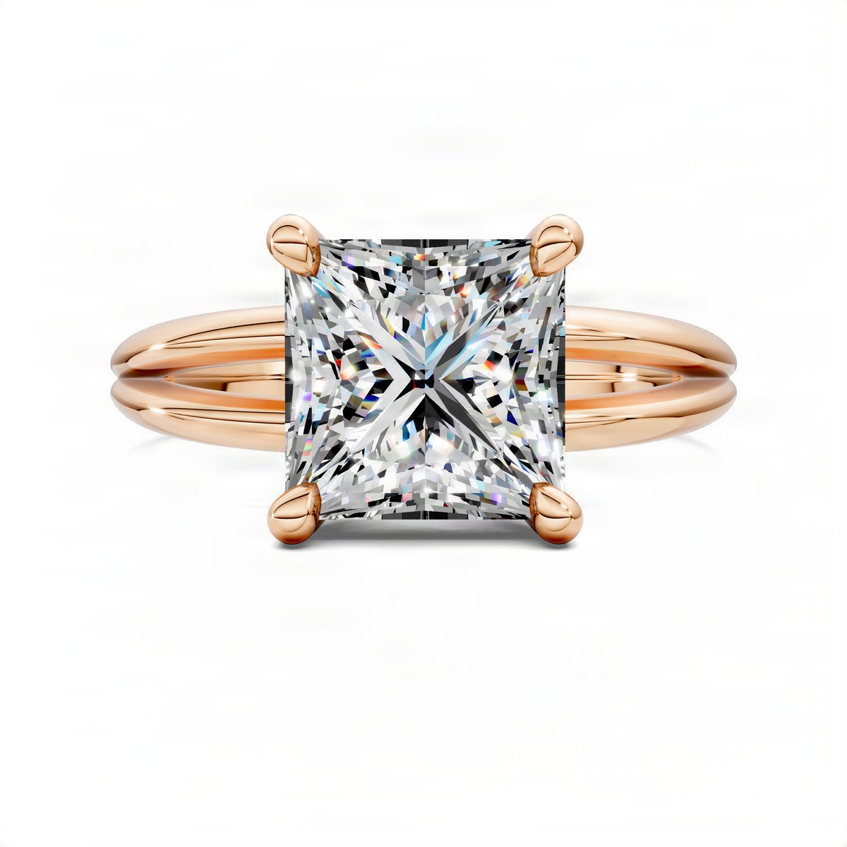 Rose gold princess-cut floating split band ring with large square center diamond