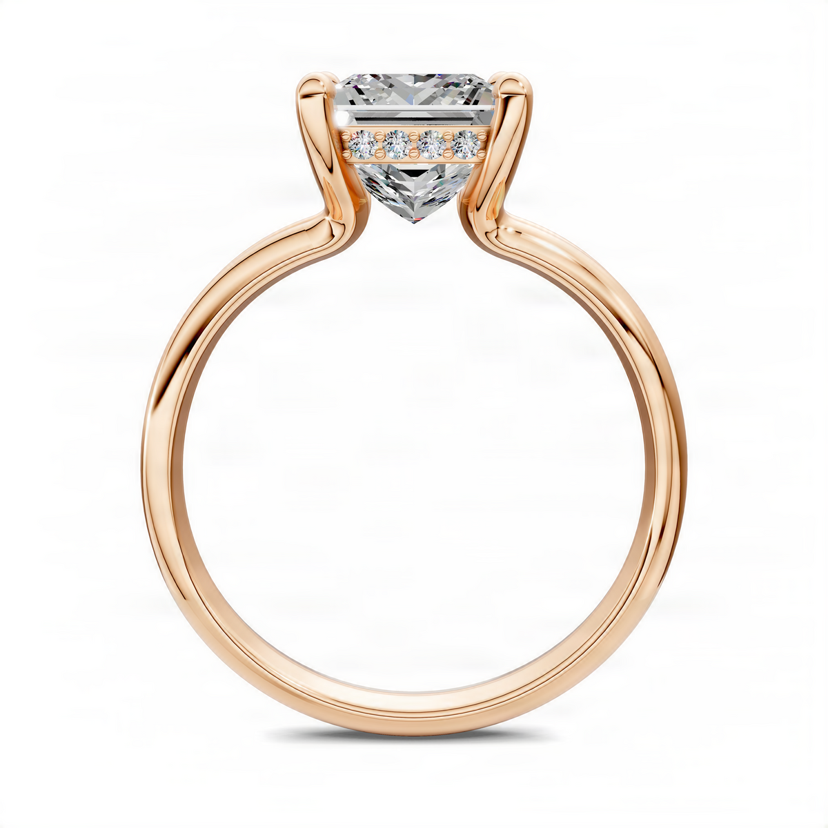 Rose gold princess-cut floating split band ring with baguette accent stones on top