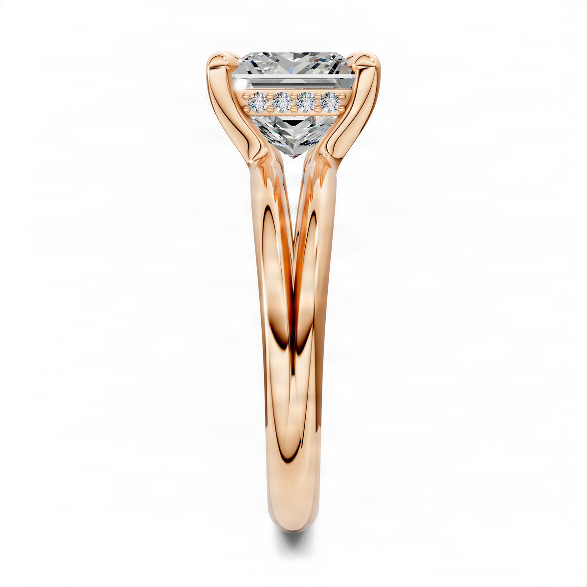 Rose gold tall prong setting princess-cut floating split band ring with baguette accents