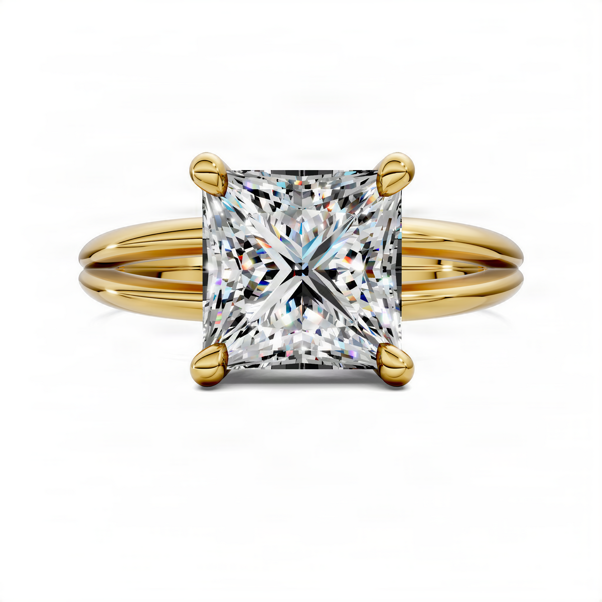 Yellow gold princess-cut floating split band ring with large square center diamond