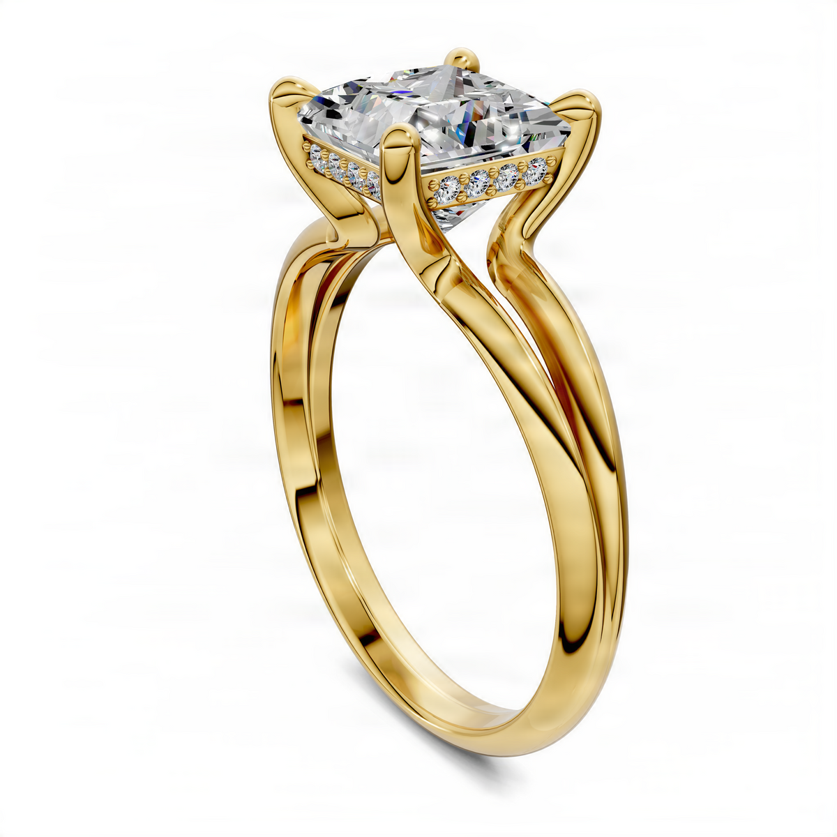 Yellow gold split band ring with princess-cut center diamond and row of side stones