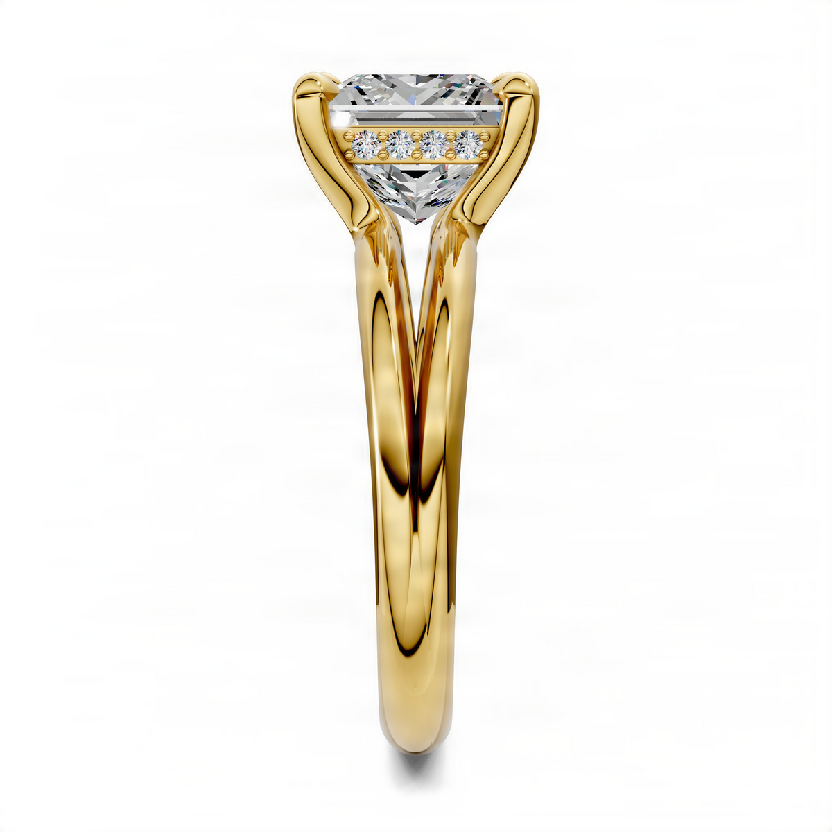 Yellow gold princess-cut floating split band ring with baguette accent stones