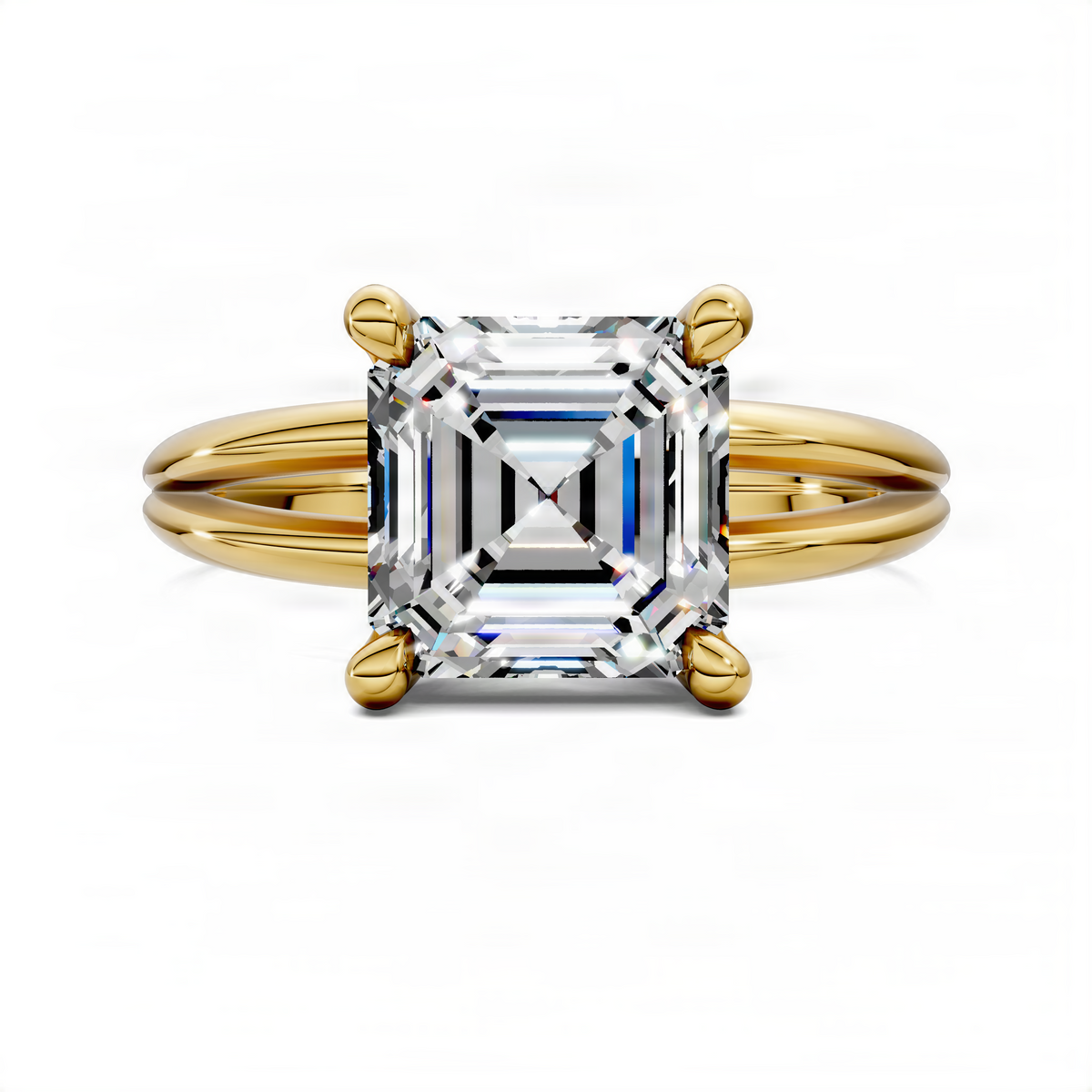 14K yellow gold split band ring with large asscher-cut center diamond and four prongs
