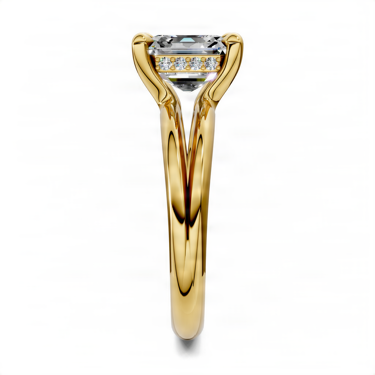 Gold Asscher floating split band ring with round pavé side stones