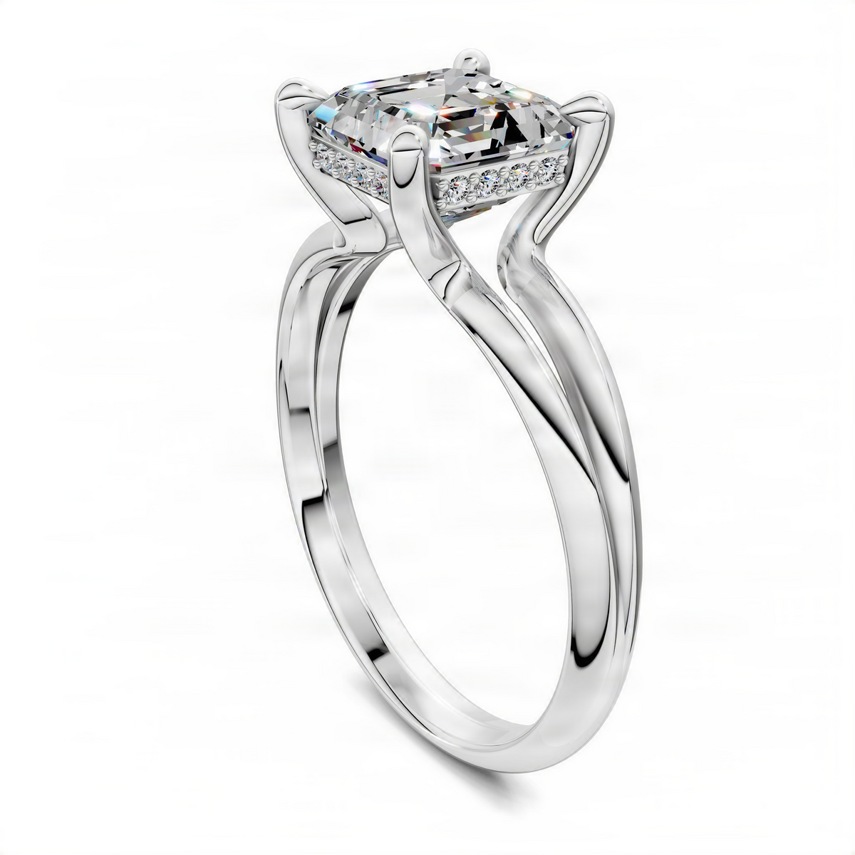 Asscher-cut ring with floating split band and pavé detail in white metal