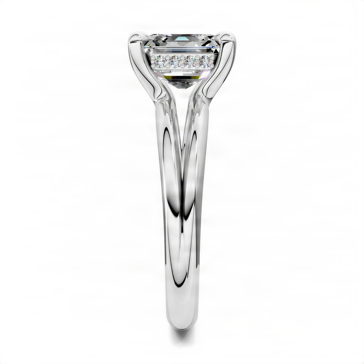 Asscher floating split band ring with square center stone and pavé setting, side view