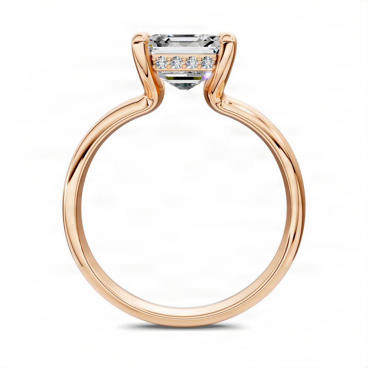 Rose gold floating split band ring with asscher-cut center diamond and polished openwork shank