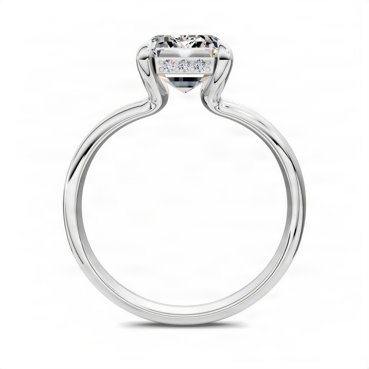 Emerald-cut split band ring in white metal, side profile with floating center stone