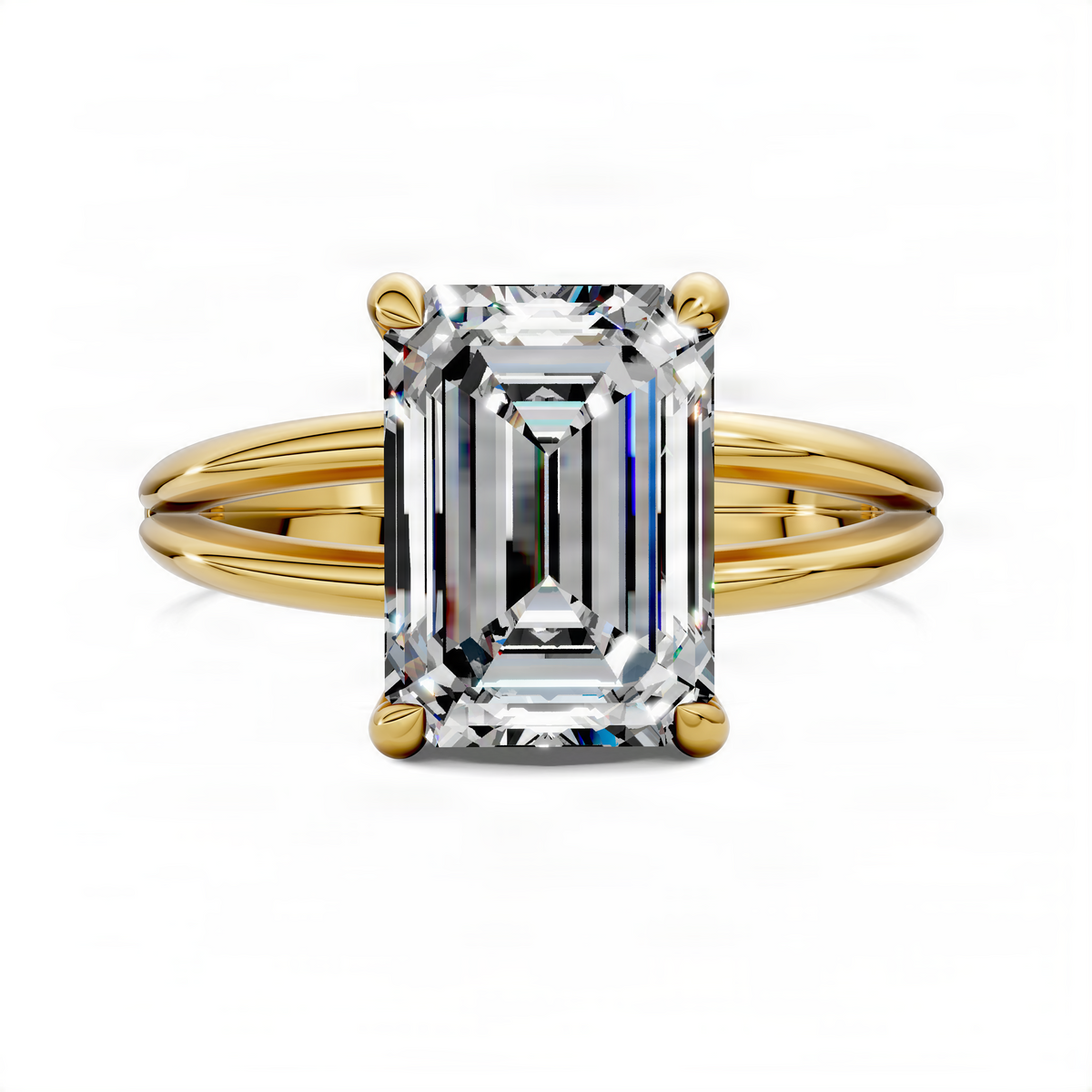Floating split band ring with rectangular center stone in yellow gold