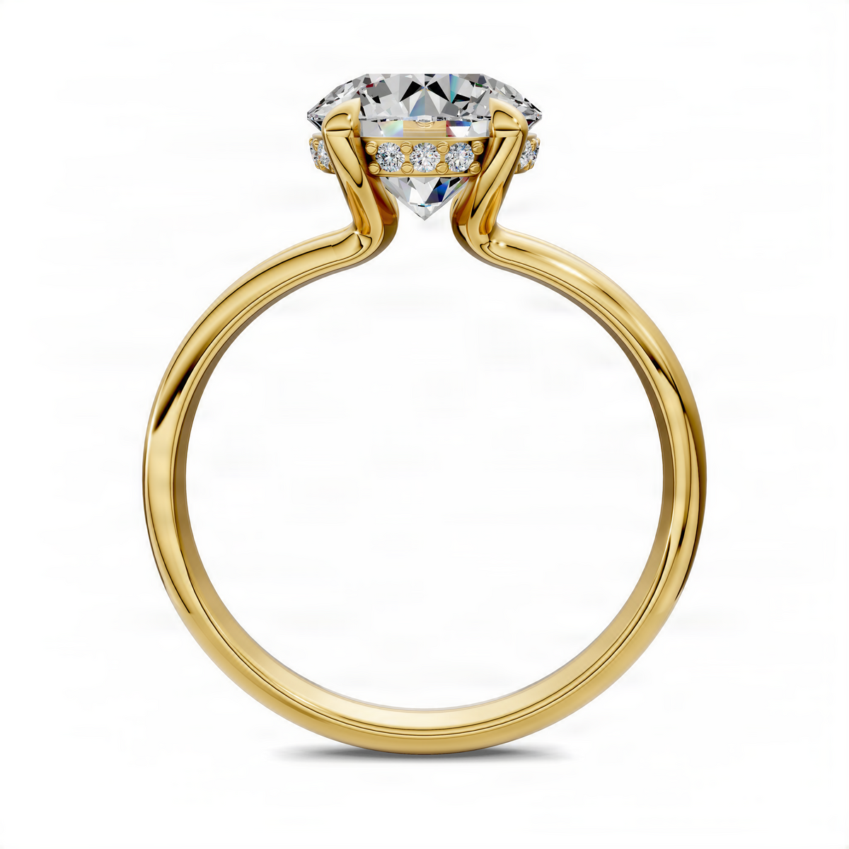 Yellow gold split band ring with floating round center diamond and side stones