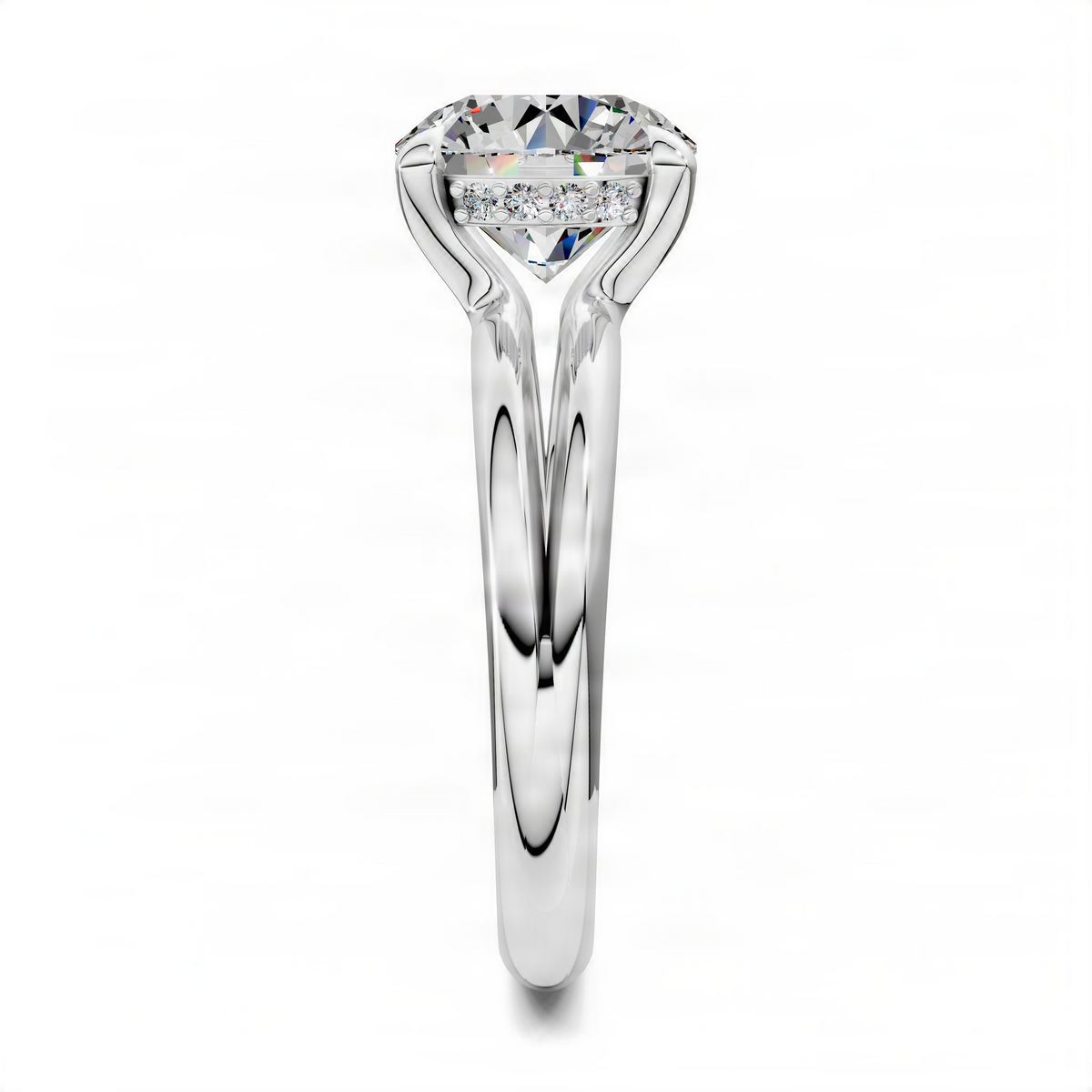 Platinum split band ring with floating round center diamond and prong-set top
