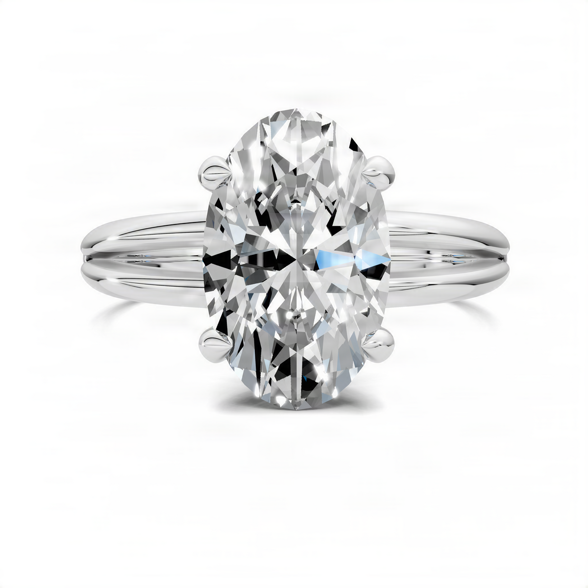 White gold oval center stone ring with 4-prong setting and split shank