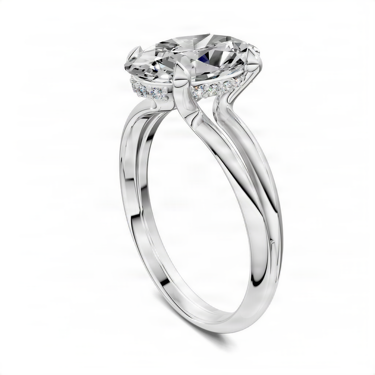 White gold oval center stone split band ring with side stones
