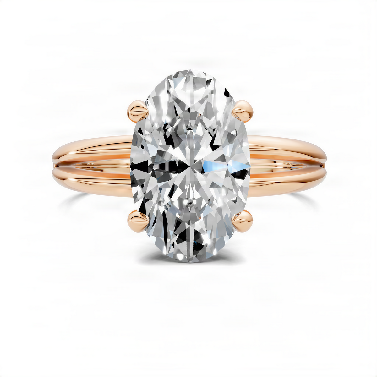 Rose gold oval center stone ring with 4-prong setting and split shank