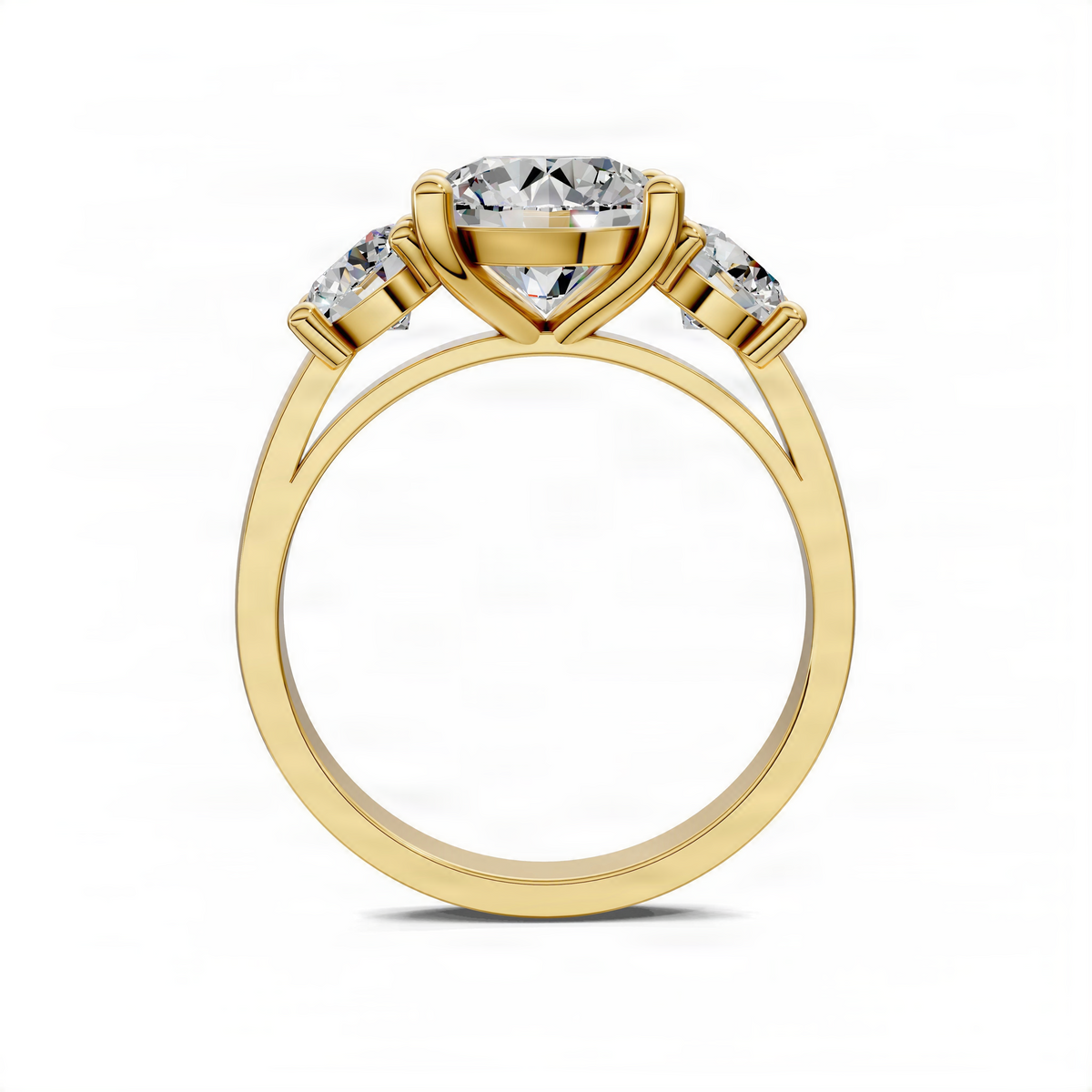 Yellow gold engagement ring top view with round center diamond in prongs