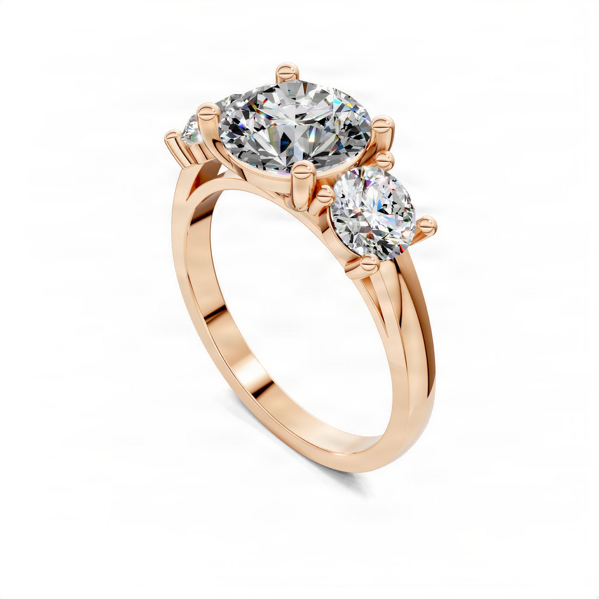 Rose gold engagement ring with round center stone and two round side stones