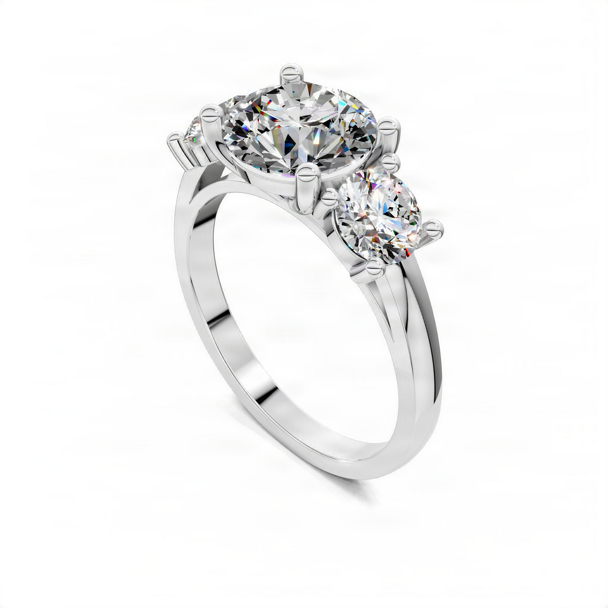 White gold engagement ring with round center stone and two round side stones