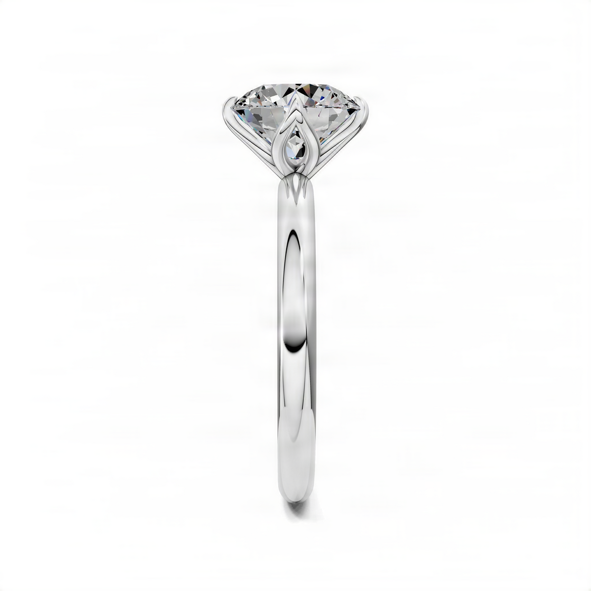 White metal round solitaire engagement ring with lotus basket and prong-set round diamond