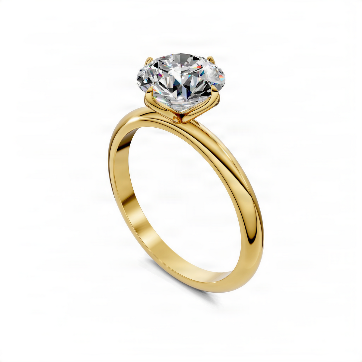 Yellow gold round solitaire ring with faceted center stone and curved band profile