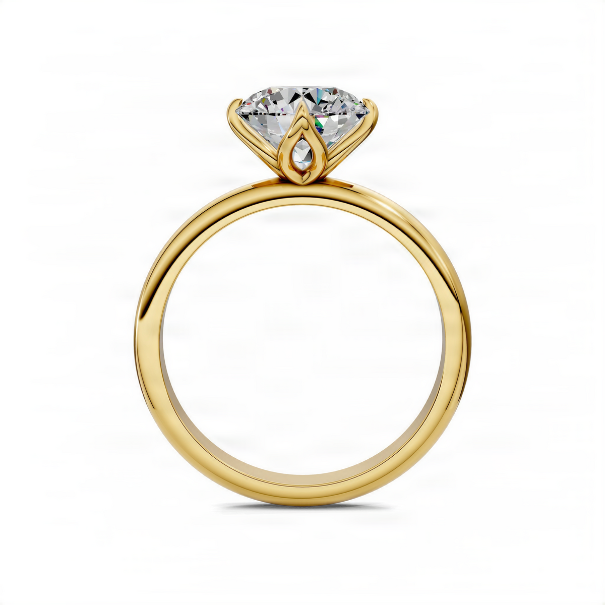 Round solitaire engagement ring in yellow gold with lotus basket and prong-set round diamond