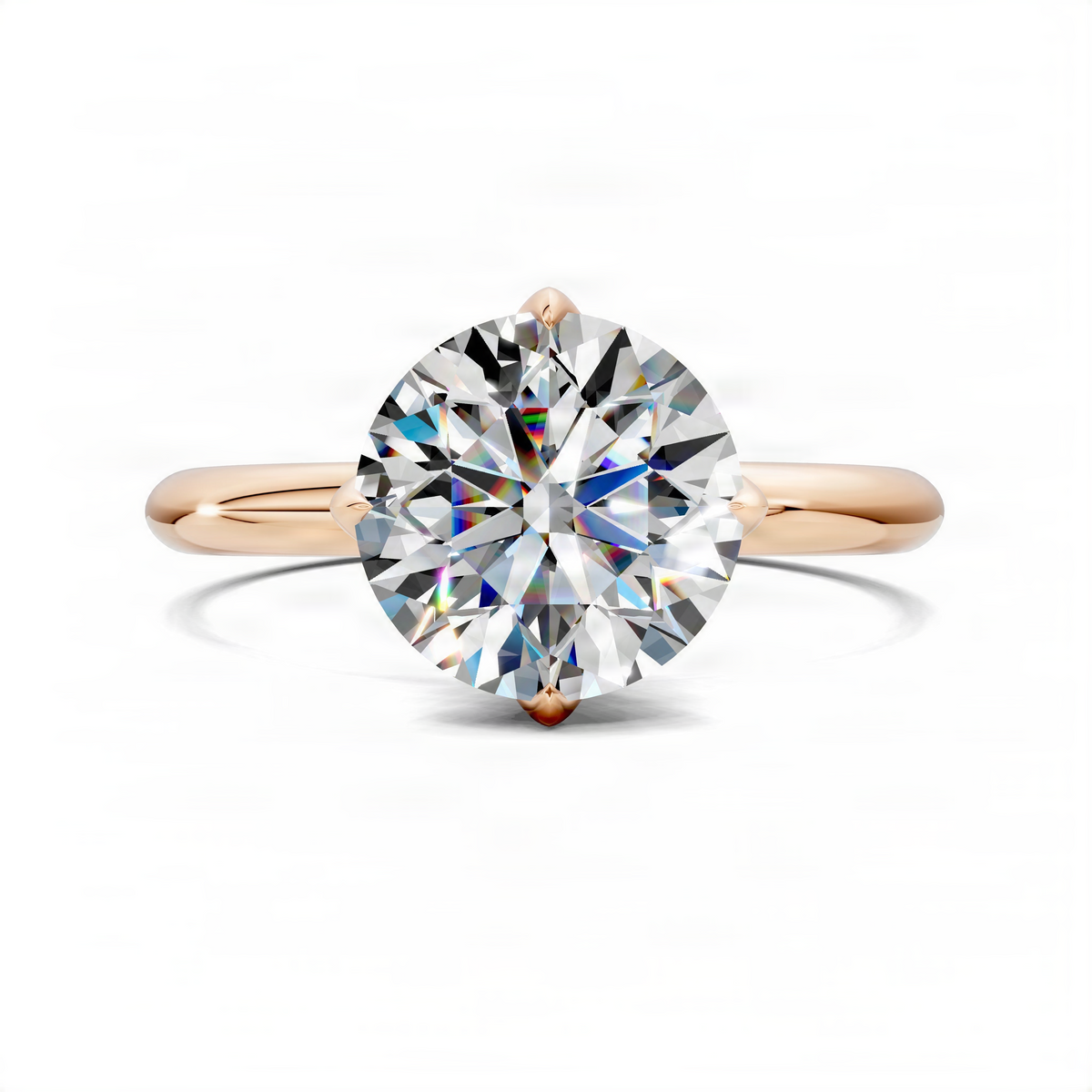 Rose gold round solitaire engagement ring with lotus basket and prong-set round diamond face