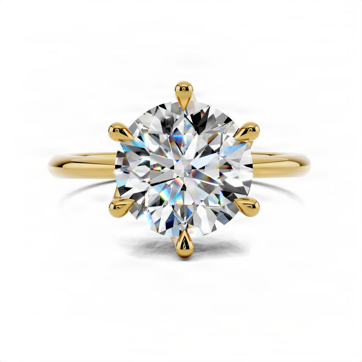 Round diamond engagement ring with 6-prong floral basket in yellow gold