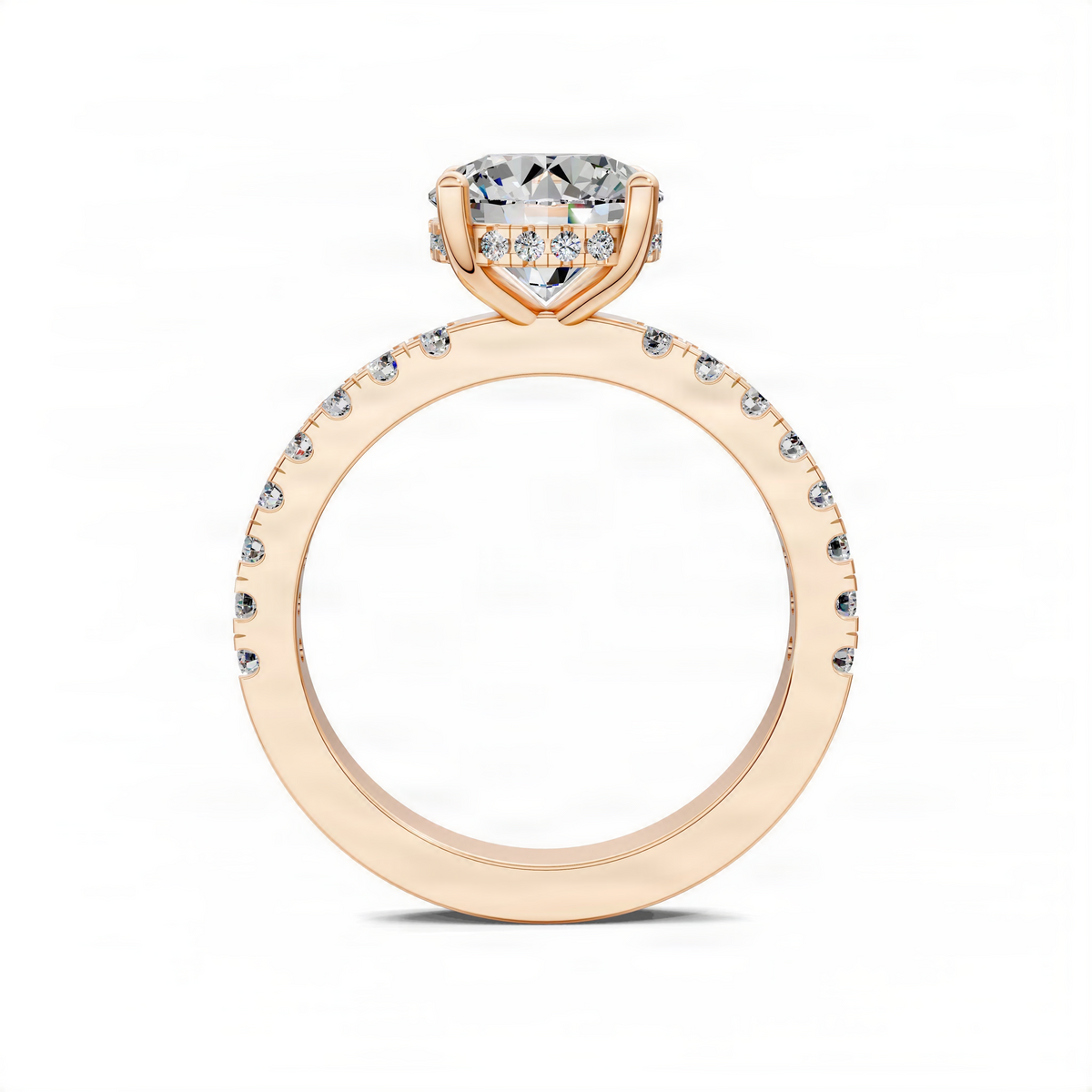 Round pavé engagement ring in yellow gold with hidden halo and solitaire center stone