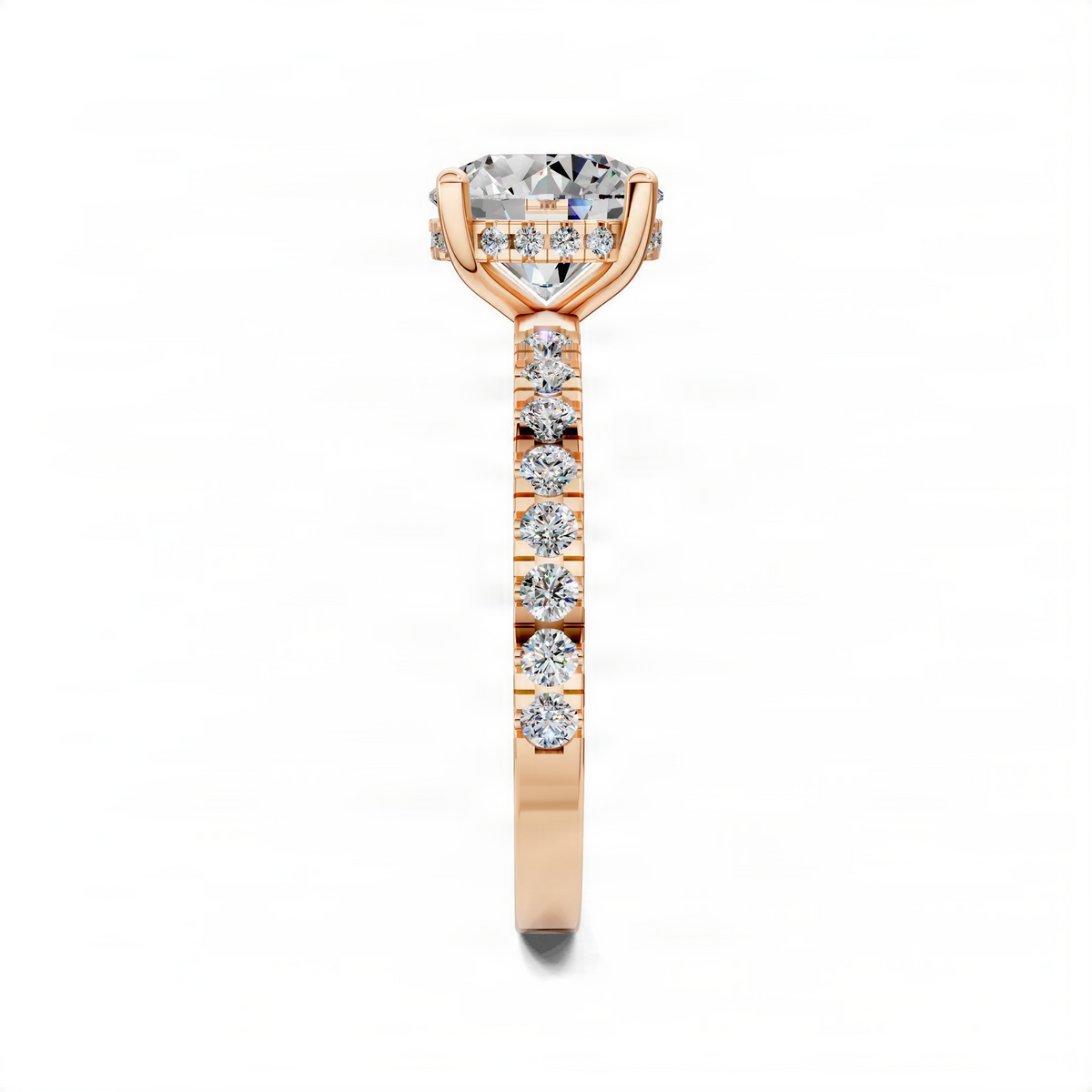 Round pavé engagement ring with hidden halo, rose gold band